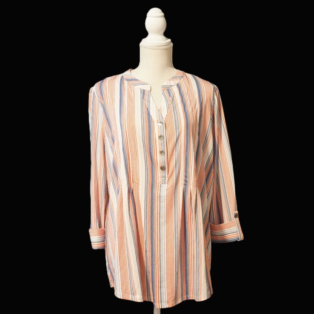 New Directions ¾ Sleeve Curvy Red and Blue Stripe Top Patriotic Bloom Women's 2X